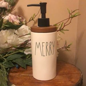 Rae Dunn Magenta Ceramic MERRY Dispenser Pump Bottle Jar